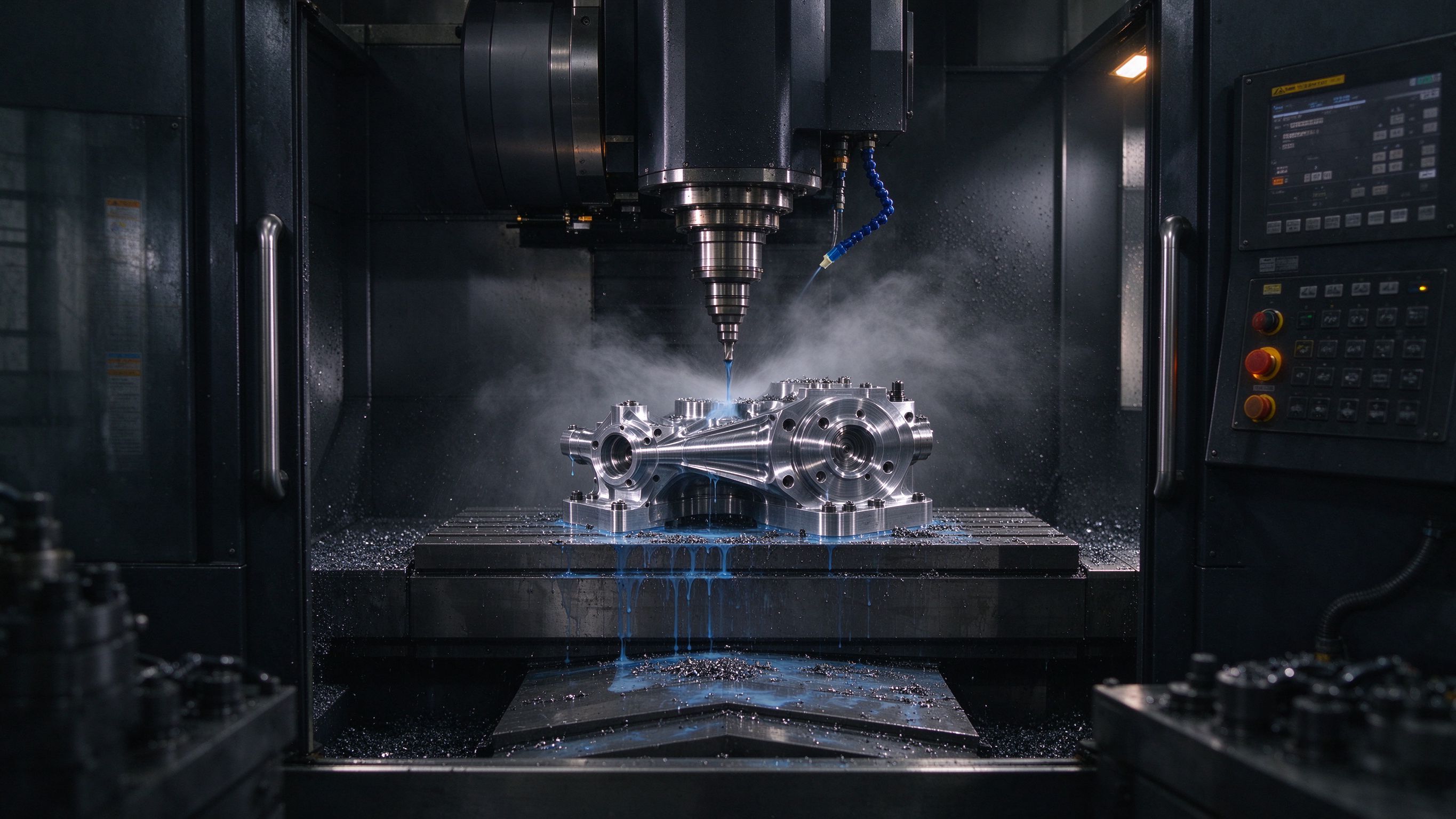 Precision 5-axis CNC machining center in operation